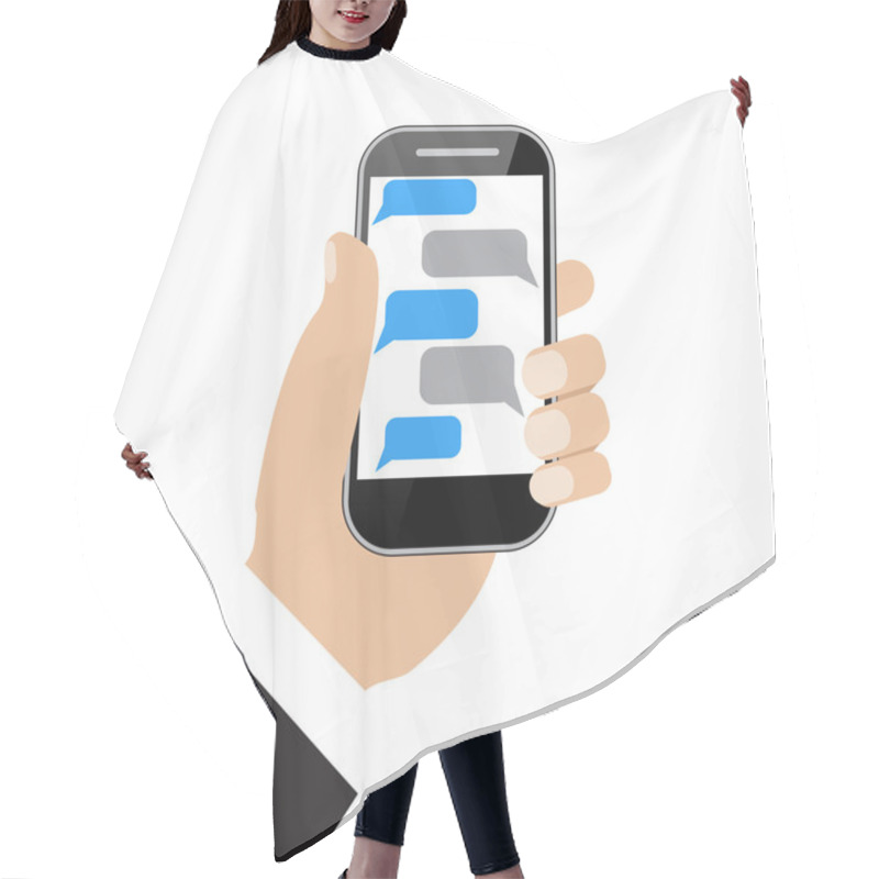 Personality  Hand Holing Black Smartphone  With Blank Speech Bubbles  Hair Cutting Cape