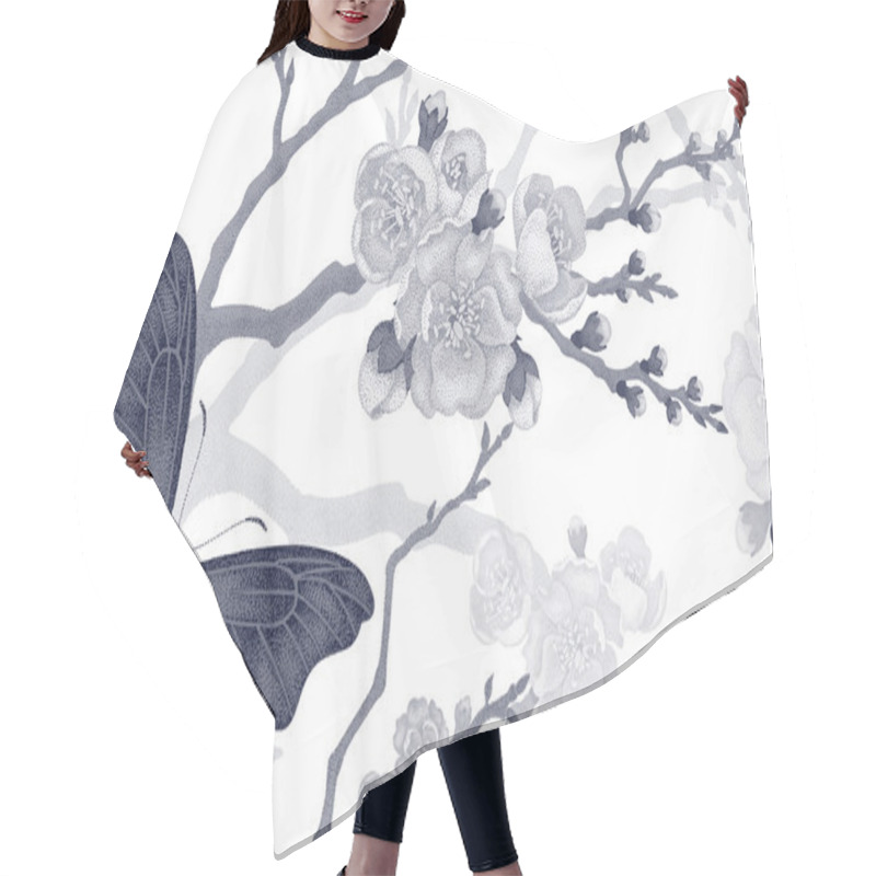 Personality  Seamless Pattern With Butterfly And Cherry Branch. Hair Cutting Cape