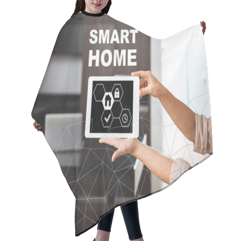 Personality  Selective Focus Of Digital Tablet With Smart Home Icons Illustration In Female Hands Hair Cutting Cape