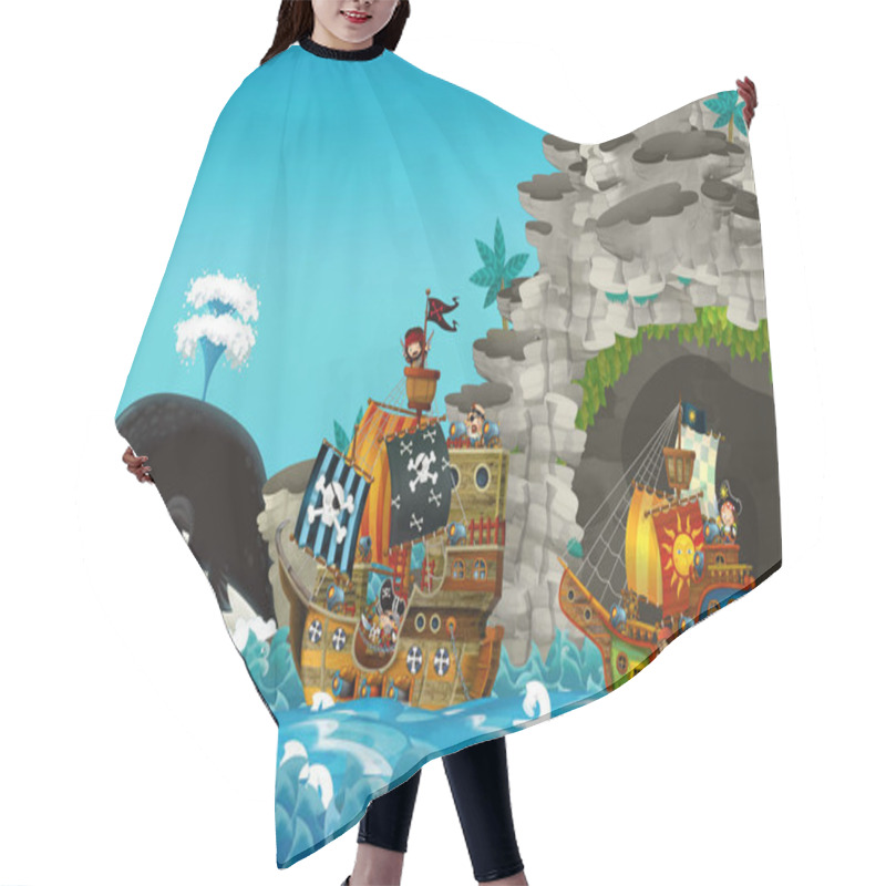 Personality  Cartoon Scene With Pirate Ship Sailing Through The Seas Sailing Out Of Secret Cave - Illustration For Children Hair Cutting Cape