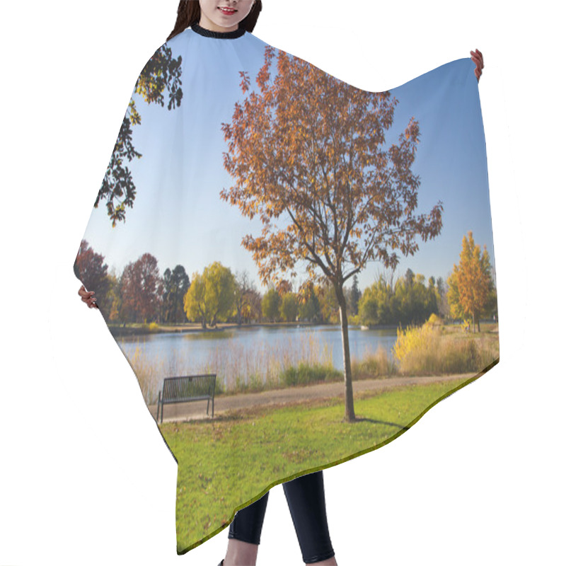 Personality  Empty Park Bench By Lake In Fall Hair Cutting Cape