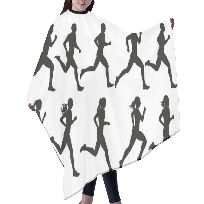 Personality  Run. Running Men And Women, Vector Set Of Isolated Silhouettes Hair Cutting Cape