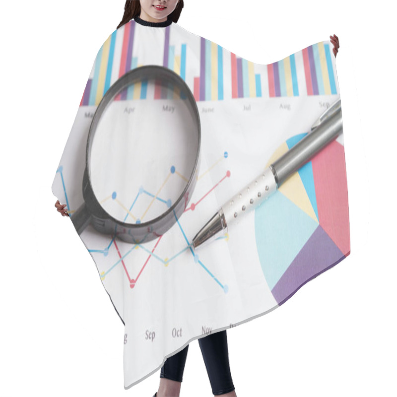 Personality  Magnifying Glass On Charts Graphs Paper. Financial Development, Banking Account, Statistics, Investment Analytic Research Data Economy. Hair Cutting Cape