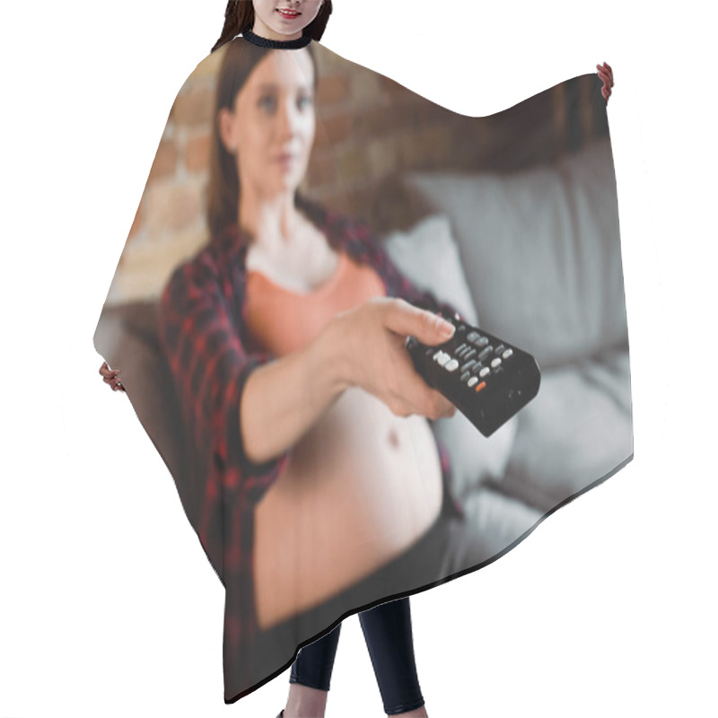 Personality  Selective Focus Of Pregnant Woman Holding Remote Controller While Watching Movie Hair Cutting Cape