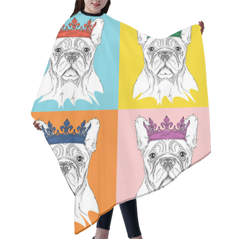 Personality  Portrait Of Dog With The Crown. Pop Art Style Vector Illustration. Hair Cutting Cape