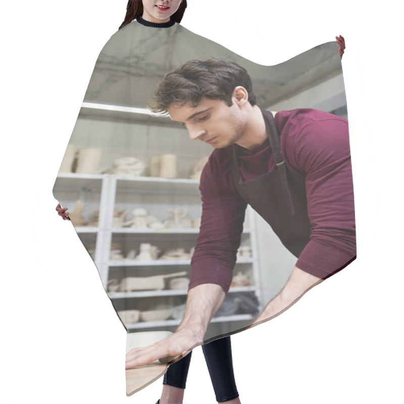 Personality  Elegant Devoted Man In Apron Making Some Pottery In Studio. Hair Cutting Cape