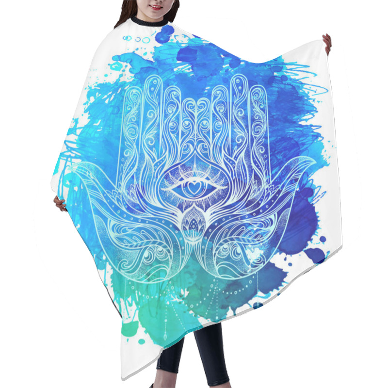 Personality  Ornate Hand Drawn Hamsa. Popular Arabic And Jewish Amulet. Vector Illustration Over Colorful Watercolor Splash. Hair Cutting Cape