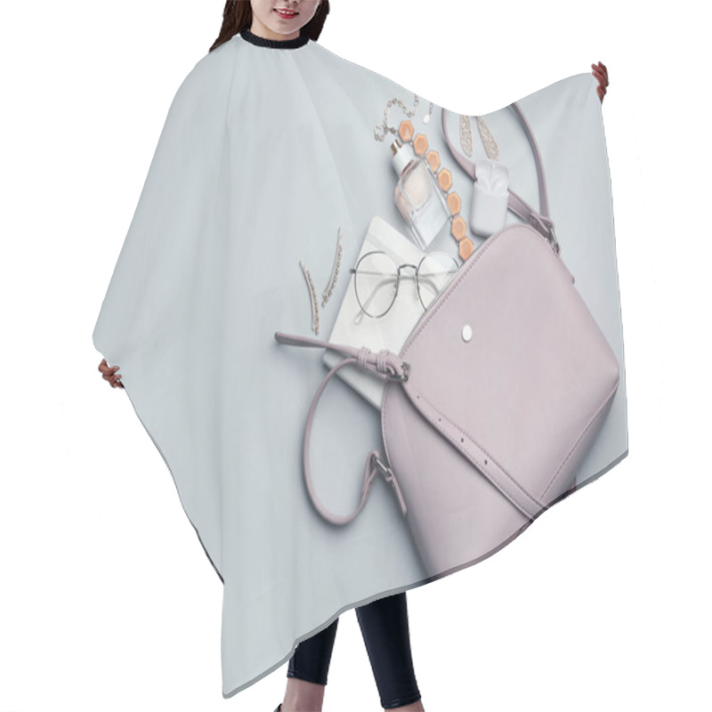 Personality  Stylish Woman's Bag With Accessories On Light Grey Background, F Hair Cutting Cape