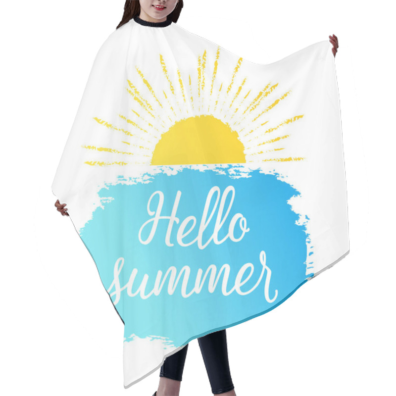 Personality  Hello Summer Text With Sun, Blue Sea. Vector Exotic Beach Icon, Label, Graphic Hair Cutting Cape