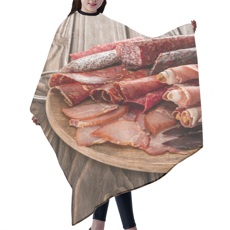 Personality  Top View Of Delicious Meat Platter Served With Breadsticks On Wooden Board Hair Cutting Cape