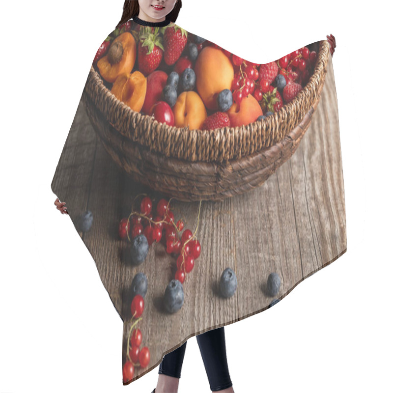 Personality  Close Up View Of Ripe Seasonal Berries And Apricots In Wicker Basket On Wooden Table With Copy Space Hair Cutting Cape