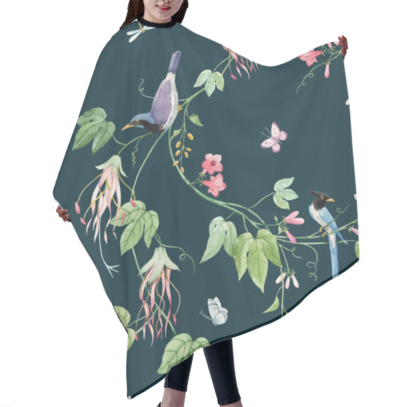 Personality  Watercolor Vector Floral Pattern With Blue Birds Of Paradise And Pink Delicate Flowers. Dark Green Background. Stock Illustration. Hair Cutting Cape