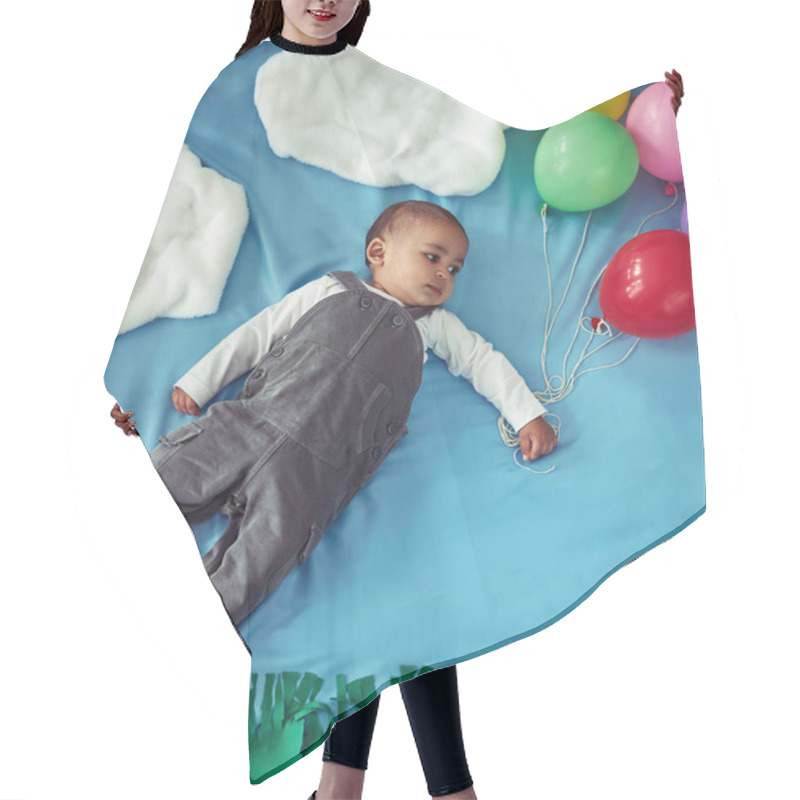 Personality  Baby, Clouds And Balloons For Fantasy Or Dream For Birthday, Growth And Development On Blue Mat. Boy Infant, Laying And Imagination For Floating In Sky For Milestone, Celebration And Creativity. Hair Cutting Cape