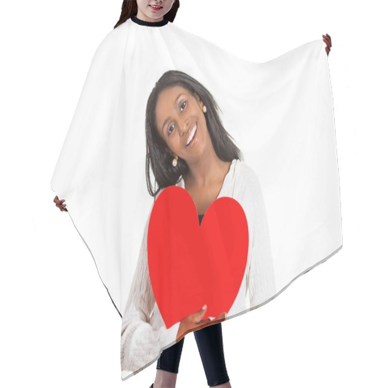 Personality  Happy Smiling Woman Looking Excited Holding Large Red Heart  Hair Cutting Cape