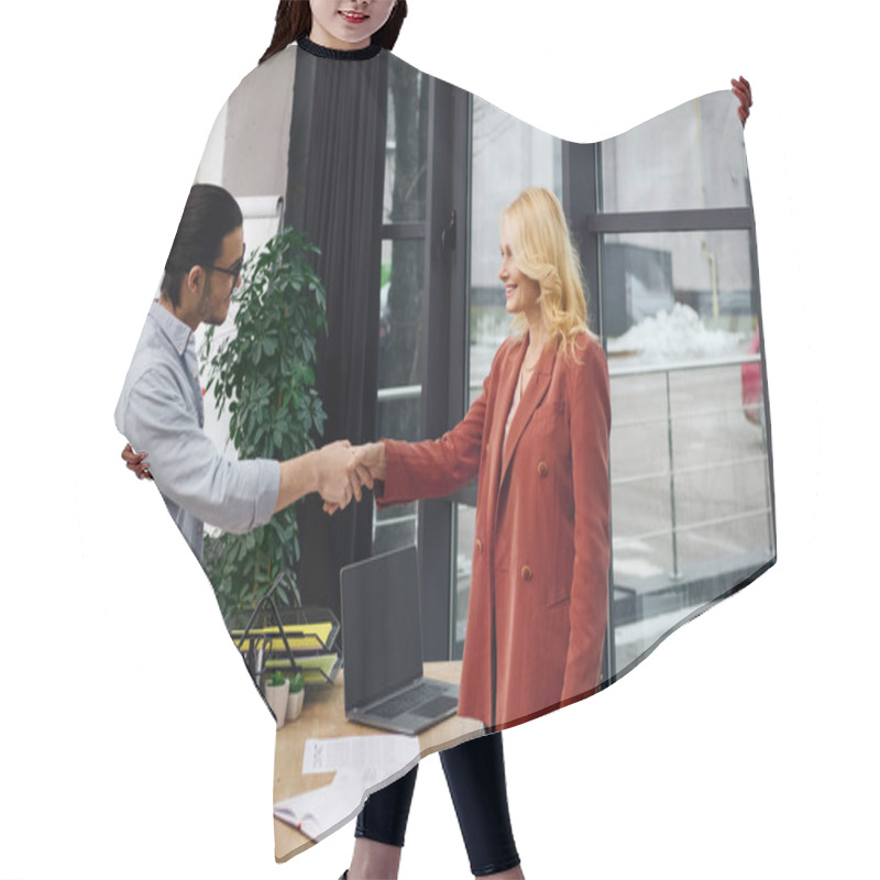 Personality  A Man And Woman Shake Hands In An Office, Sealing A Business Partnership. Hair Cutting Cape