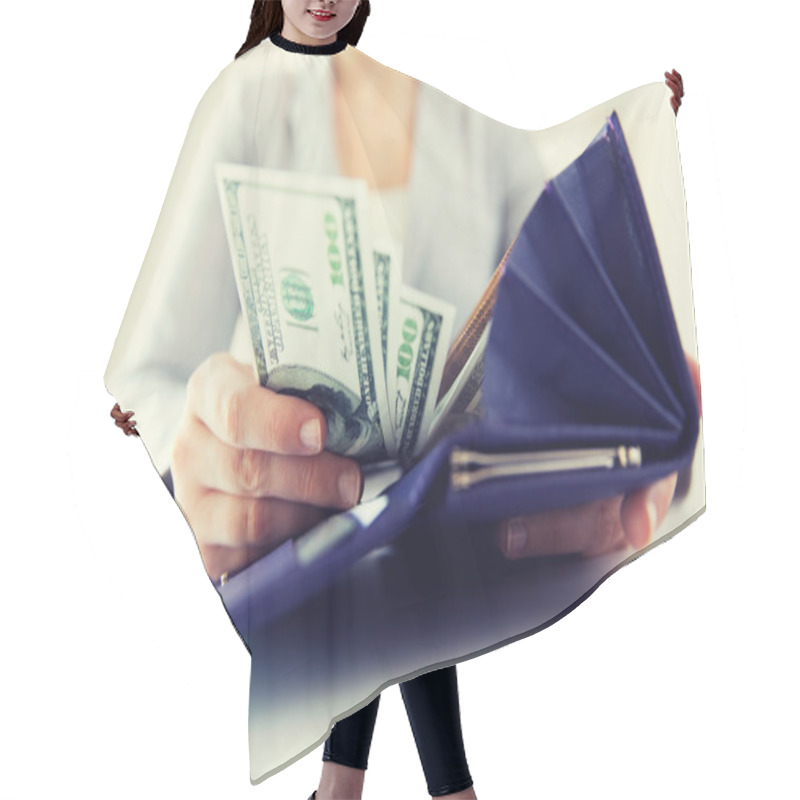 Personality  Close Up Of Woman Hands With Wallet And Money Hair Cutting Cape