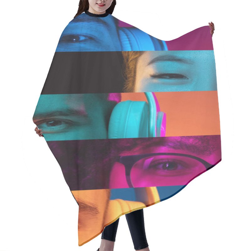 Personality  Vertical Composite Image Of Close-up Male And Female Eyes Isolated On Colored Neon Backgorund. Multicolored Pieces. Concept Of Equality, Unification Of All Nations, Ages And Interests Hair Cutting Cape