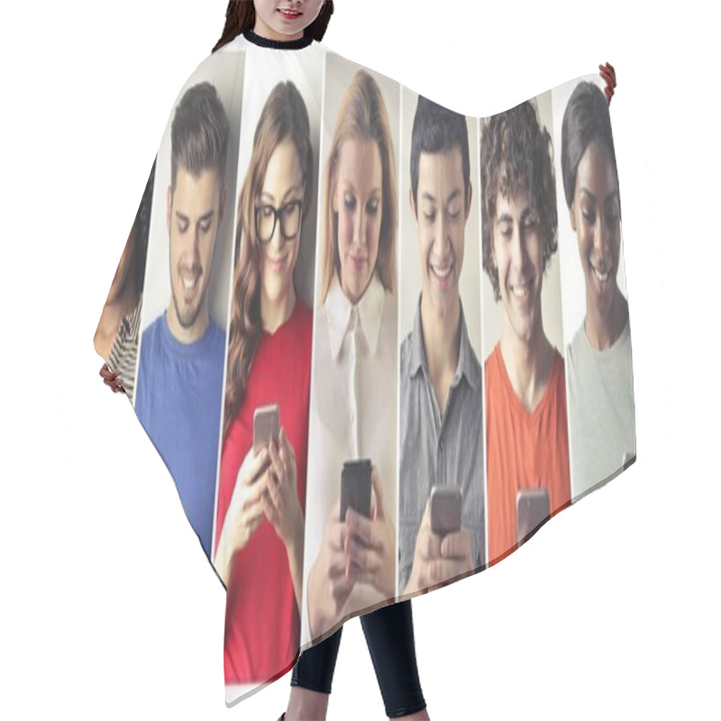 Personality  Seven Young Men And Women Using Smartphones Hair Cutting Cape