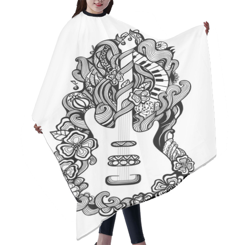 Personality  Decorative Stylized Vector Hand Drawn Guitar And Flowers Hair Cutting Cape