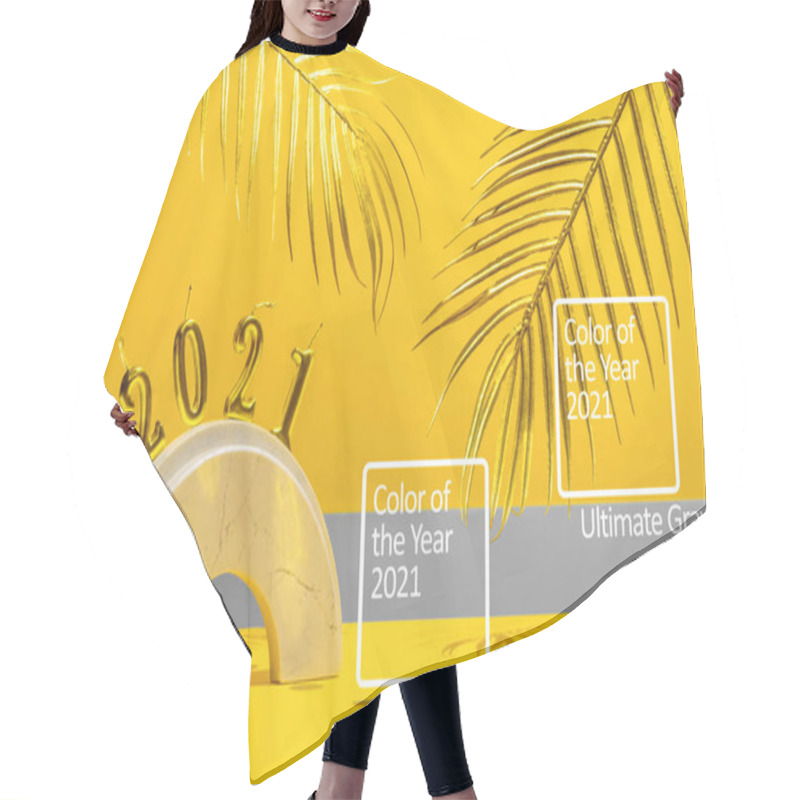 Personality  Golden Candles With The New Year 2021 On The Marble Arch, Palm Leaves, Confetti On A Yellow Background With The Horizon. Festive Trend Still Life. Hair Cutting Cape