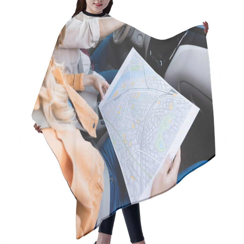 Personality  Cropped View Of Woman Holding Map Near Husband Driving Car On Blurred Background  Hair Cutting Cape