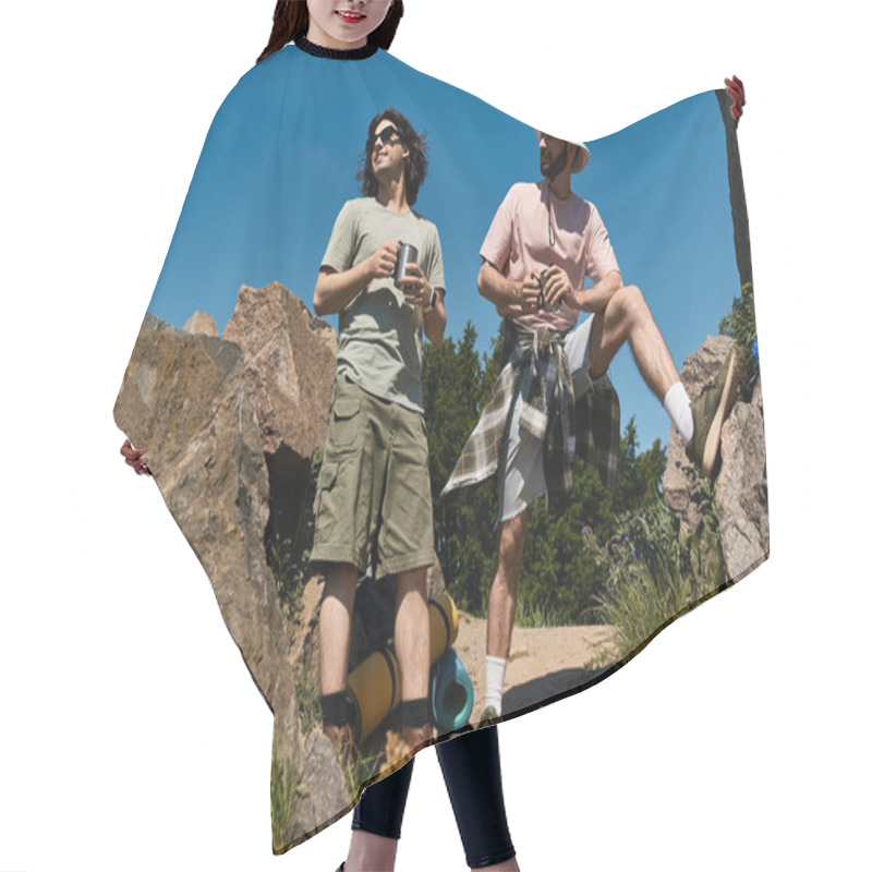 Personality  Two Young Men, Dressed In Casual Summer Attire, Stand Together On A Rocky Hiking Trail, Enjoying The View. Hair Cutting Cape