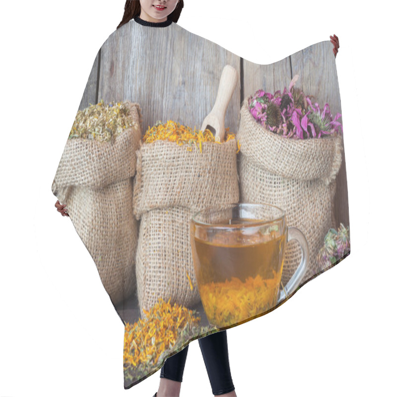 Personality  Healing Herbs In Hessian Bags And Healthy Tea Cup, Herbal Medici Hair Cutting Cape