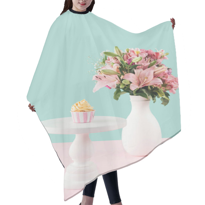 Personality  One Cupcake On Cake Stand And Bouquet Of Lily Flowers In Vase  Hair Cutting Cape