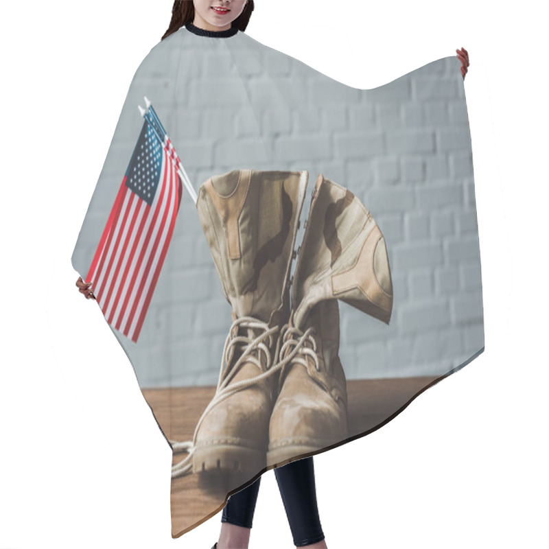 Personality  Military Boots And American Flags With Stars And Stripes On Wooden Surface  Hair Cutting Cape