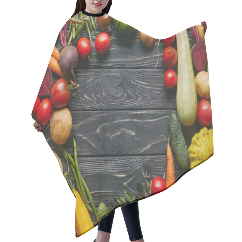 Personality  Frame Of Healthy Summer Vegetables On Dark Wooden Table Hair Cutting Cape