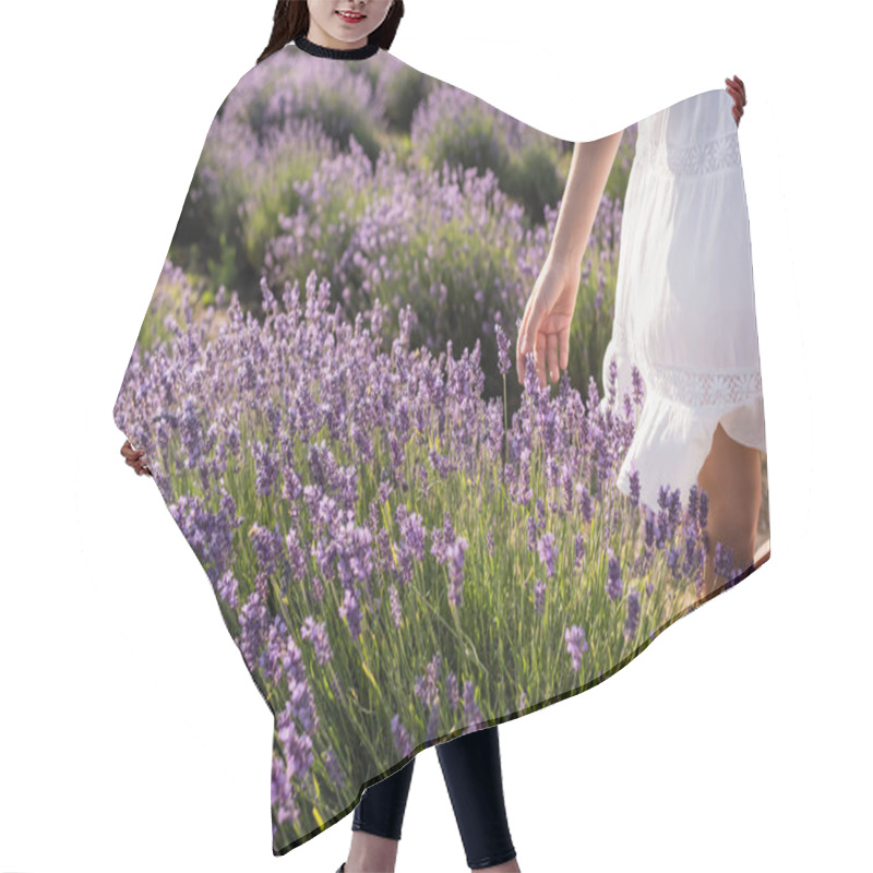 Personality  Cropped View Of Kid In White Dress Near Flowering Lavender In Summer Field Hair Cutting Cape