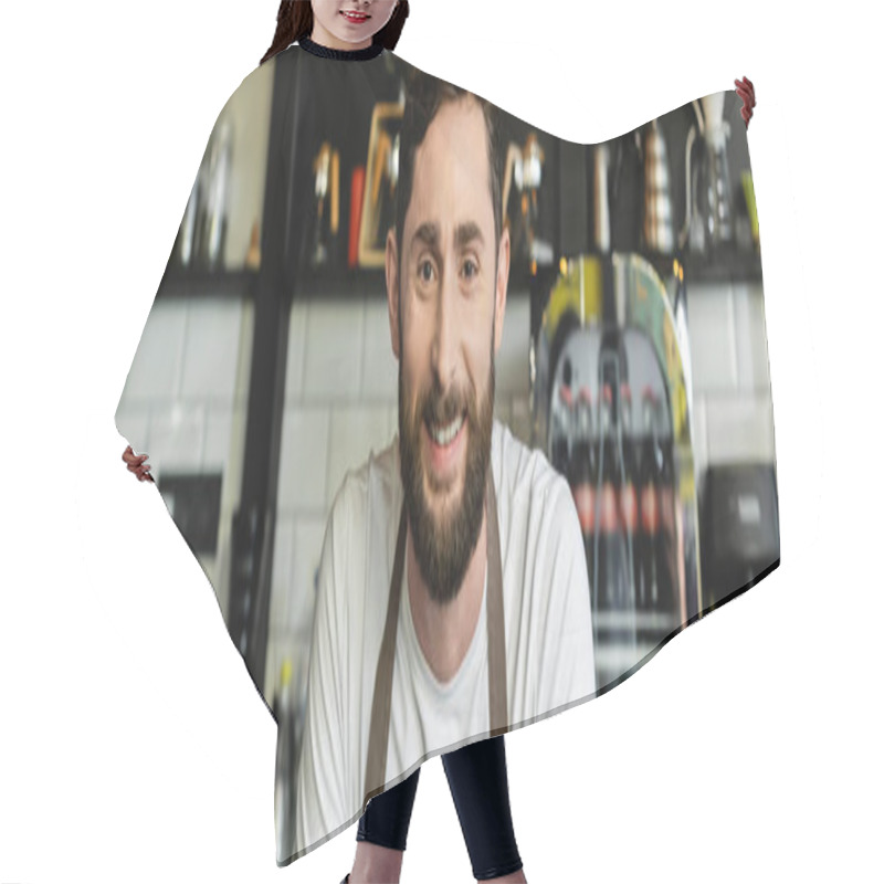 Personality  Portrait Of Positive And Bearded Barista In Apron Looking At Camera In Coffee Shop, Banner Hair Cutting Cape