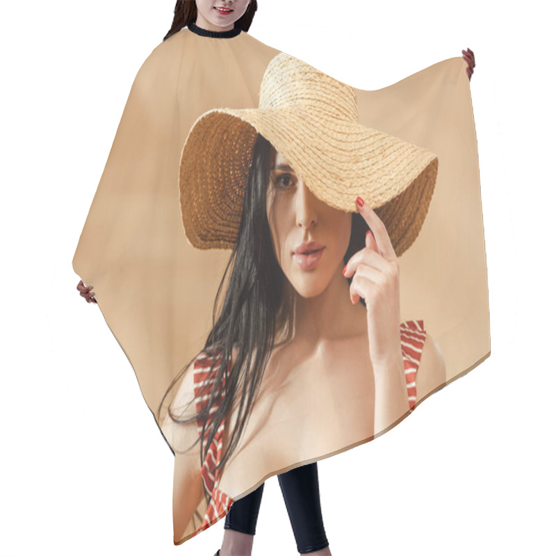 Personality  Sexy Brunette Woman In Striped Swimsuit And Straw Hat On Beige Background Hair Cutting Cape