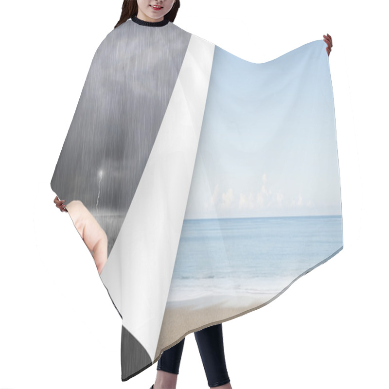 Personality  Woman Hand Open Calm Beach Page Replace Stormy Ocean Hair Cutting Cape