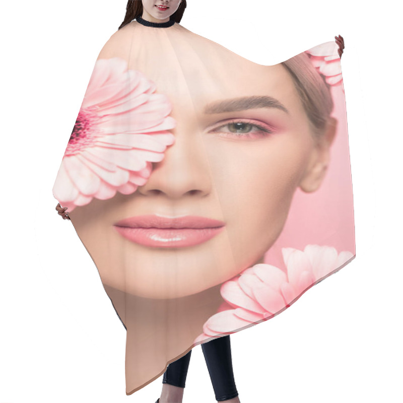 Personality  Beautiful Girl With Pink Makeup And Gerbera Flowers, Isolated On Pink Hair Cutting Cape