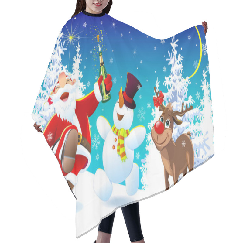 Personality  Happy Santa, A Deer And A Snowman On Christmas Eve 1 Hair Cutting Cape