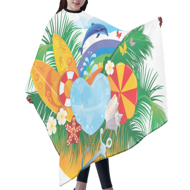 Personality  Summer Background With Palms, Shells, Surfboards, Rainbow And Dolphin Hair Cutting Cape