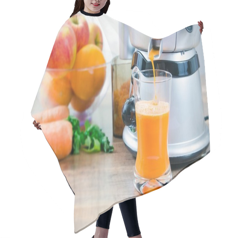 Personality  Juicer And Carrot Juice. Fruits In Background Hair Cutting Cape