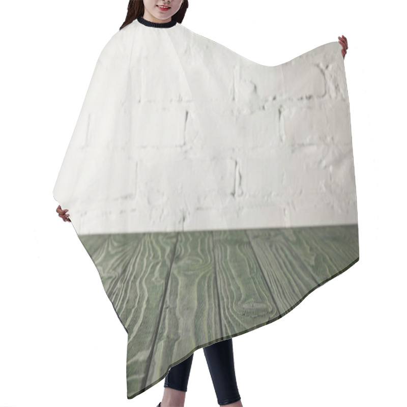 Personality  Dark Green Wooden Tabletop And White Wall With Bricks Hair Cutting Cape