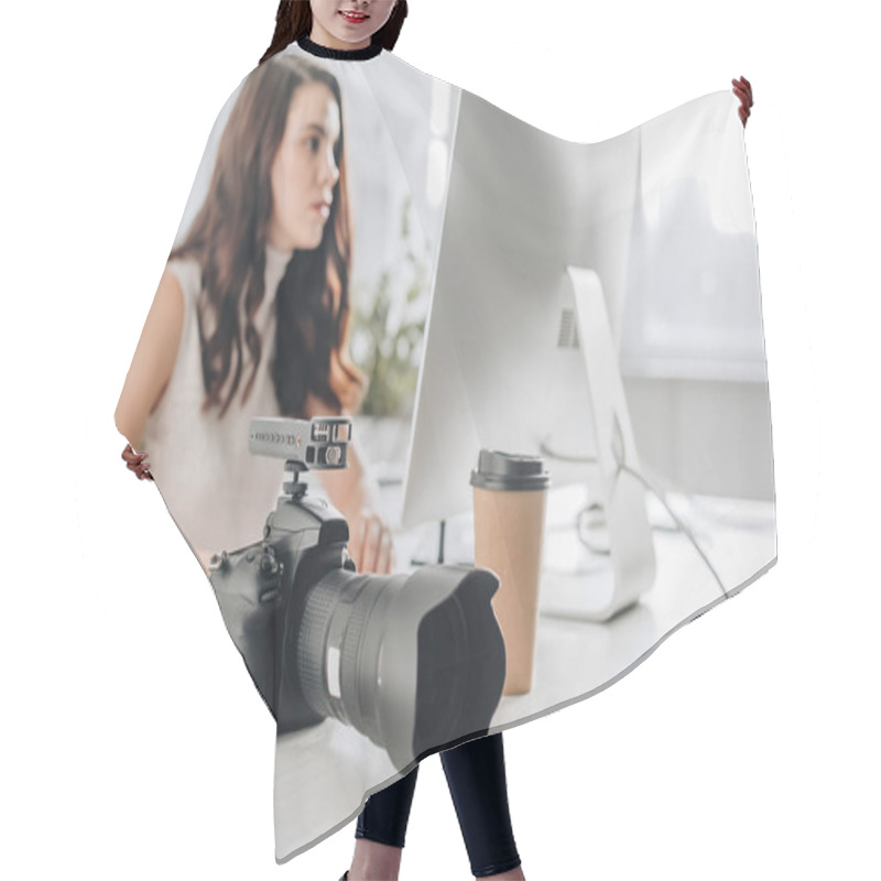 Personality  Selective Focus Of Digital Camera Near Attractive Art Editor In Studio  Hair Cutting Cape