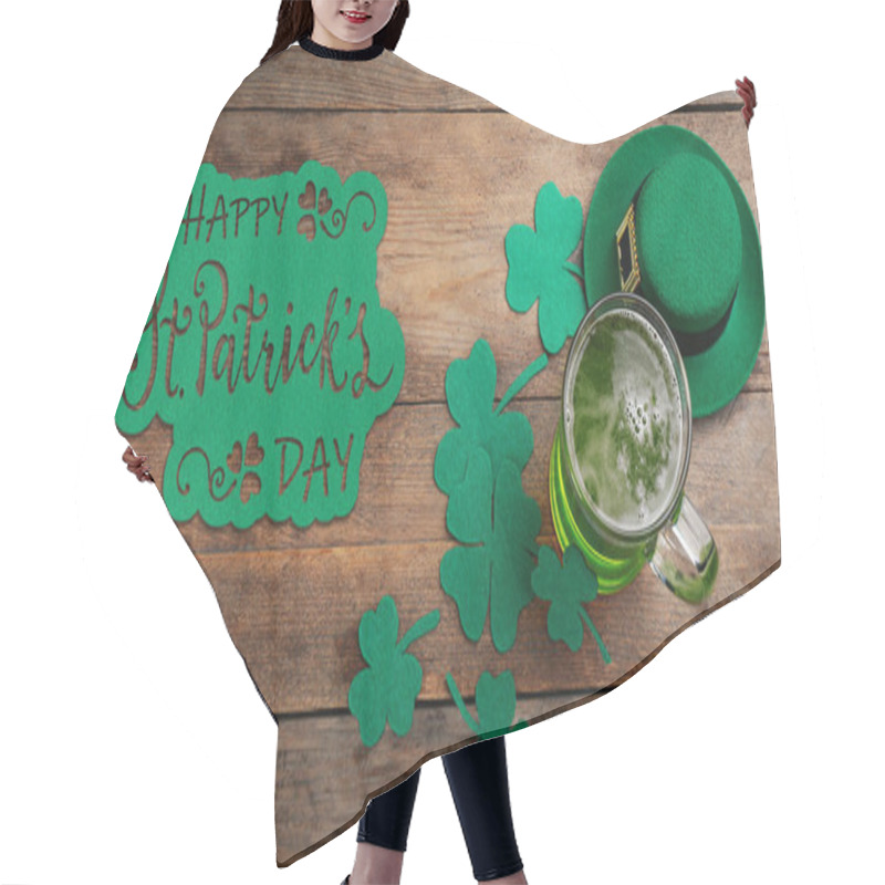 Personality  Green Beer, Hat And Clover Leaves On Wooden Table, Flat Lay. St. Patrick's Day Celebration Hair Cutting Cape