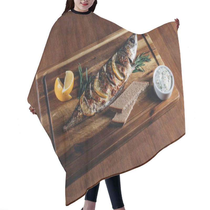 Personality  Delicious Grilled Fish With Lemon On Wooden Board Hair Cutting Cape