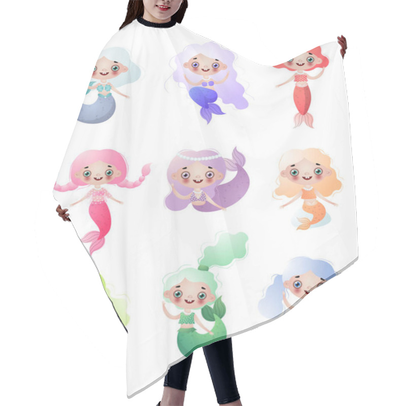 Personality  Flat Set Of Cute Mermaids Girls Isolated On White Background Hair Cutting Cape