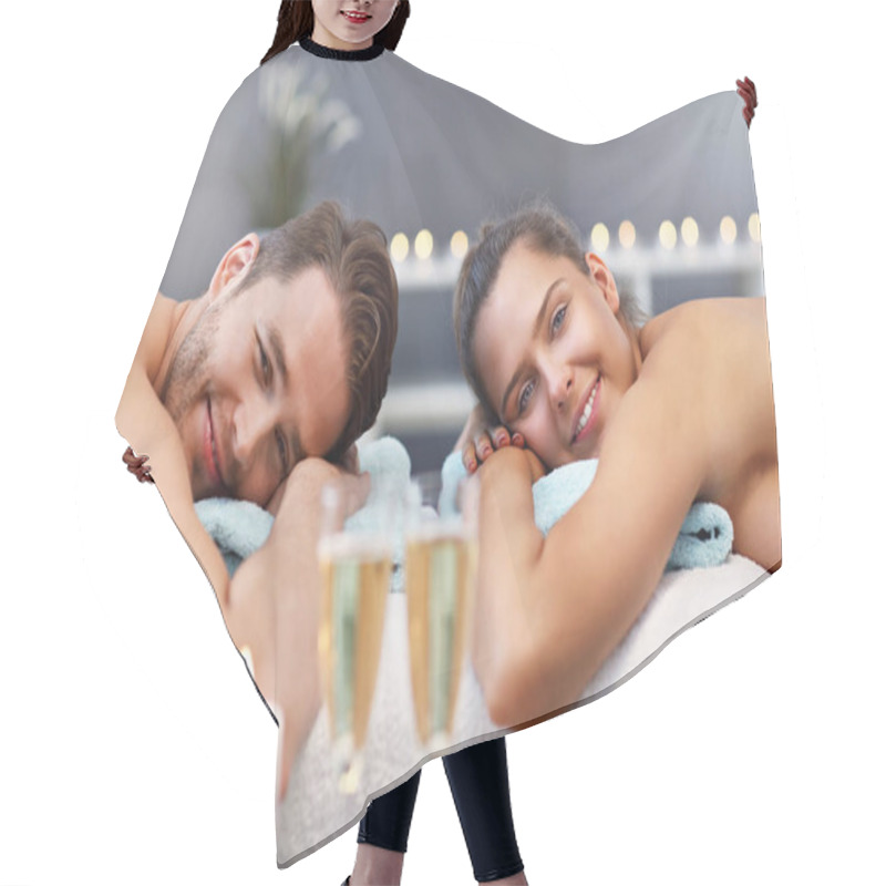 Personality  Adult Happy Couple Relaxing In Spa Salon Hair Cutting Cape