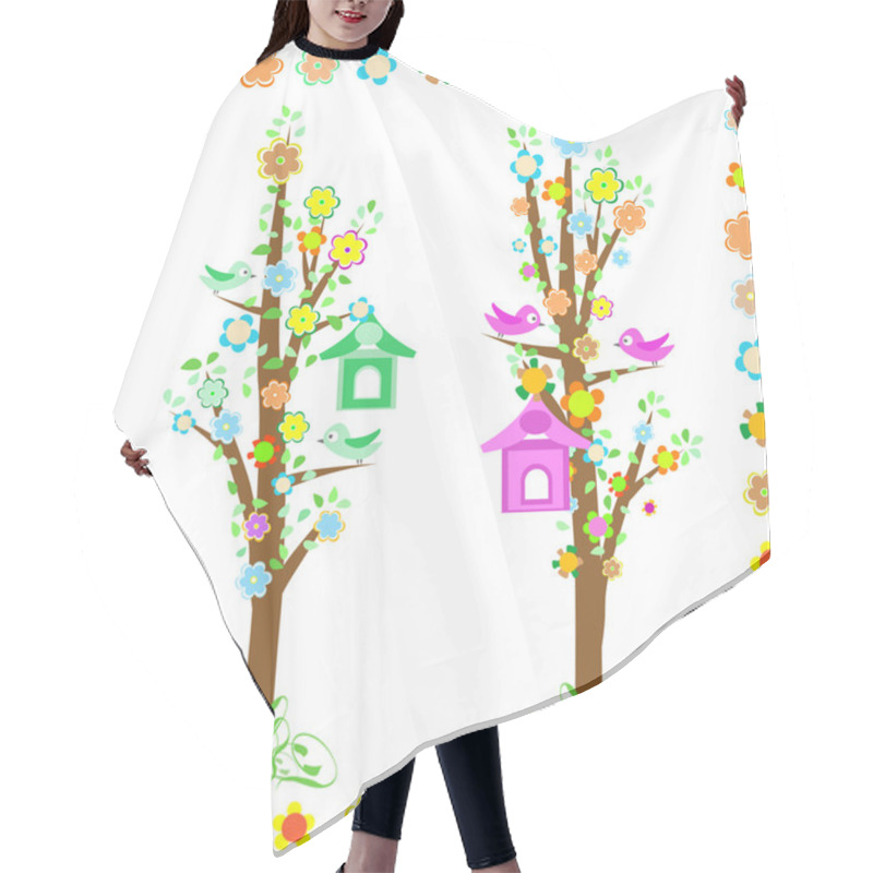 Personality  Spring Tree With Birds With Birdhouse And Flower Hair Cutting Cape