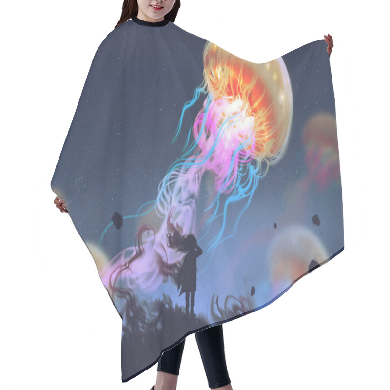 Personality  Girl Looking At Giant Jellyfish Floating In The Sky Hair Cutting Cape