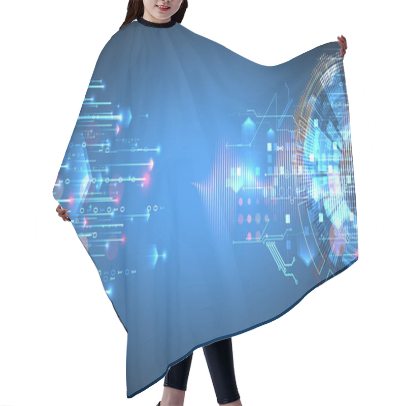 Personality  Data Analysis. Scientific And Technological Background. A Bisected Techno Circle From Which Lines And Numbers Emerge. Hand Made Vector. Hair Cutting Cape