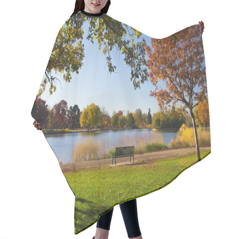 Personality  Park Bench By The Lake In Fall Hair Cutting Cape