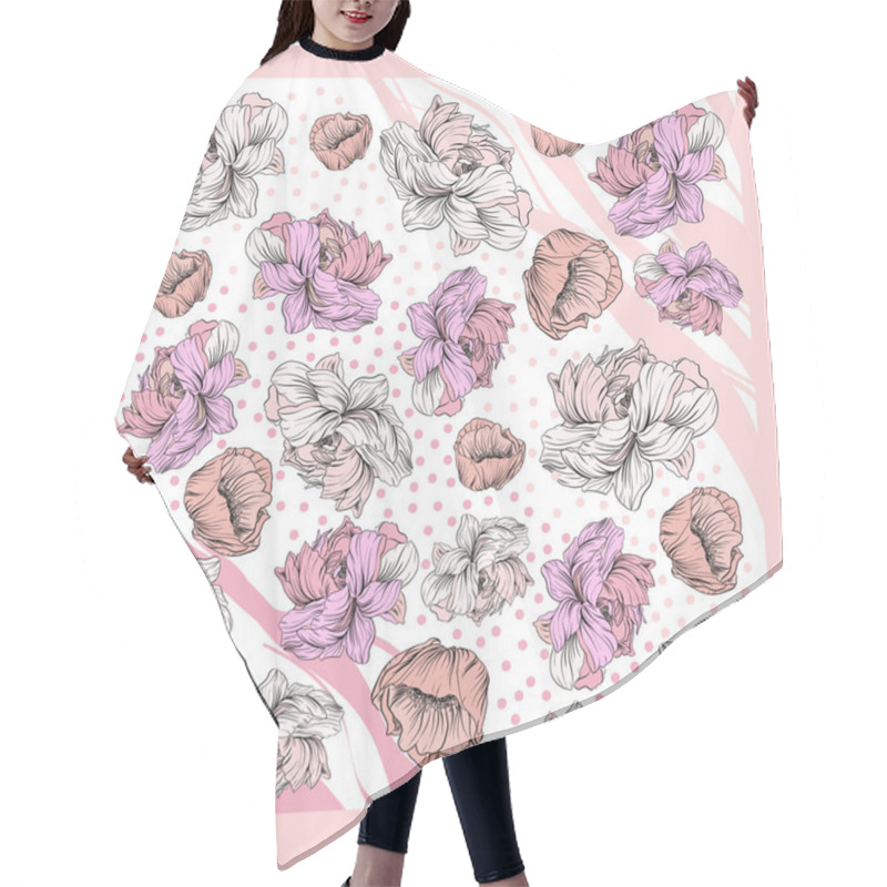 Personality  Colorful Silk Scarf With Flowering Poppy And Peonies. Pink, Violet On White. Batik Technique Hair Cutting Cape