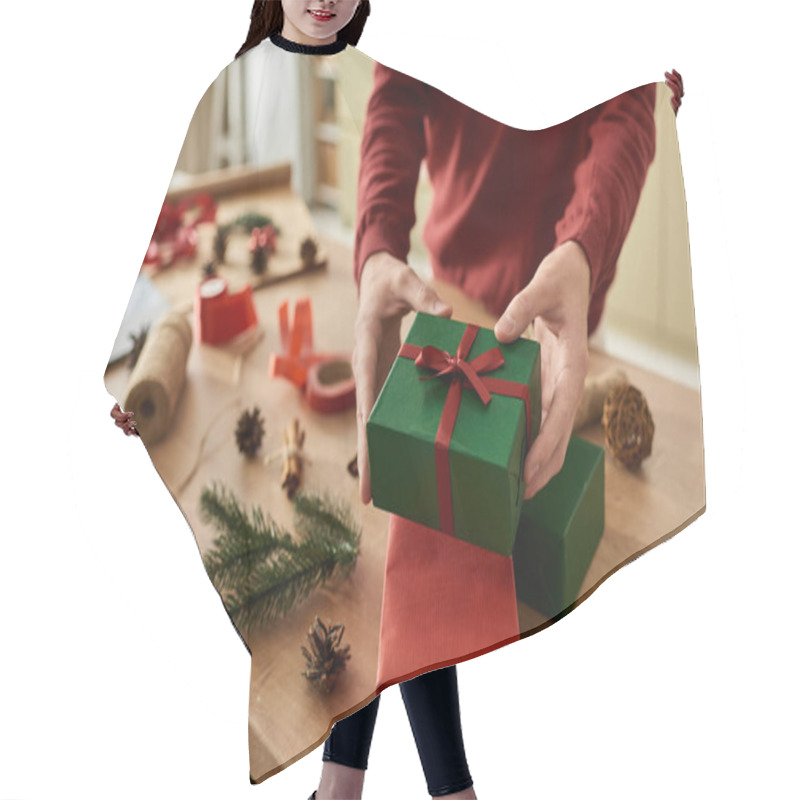 Personality  The Young Man Prepares Vibrant Christmas Gifts Surrounded By Seasonal Decorations And Crafts. Hair Cutting Cape